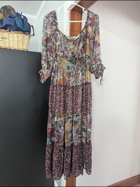 Floral Tiered Midi Dress in Mauve and Mustard